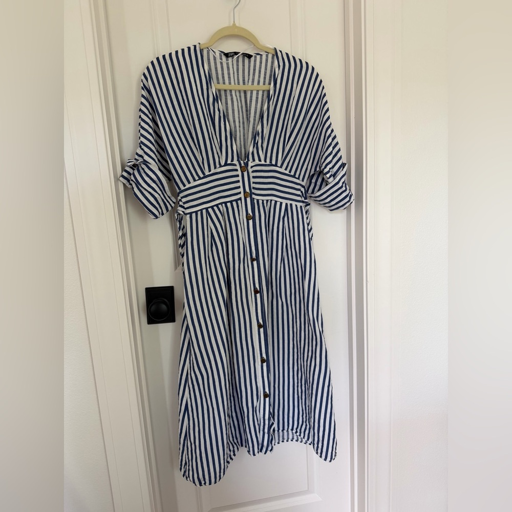 Zara Blue and White Striped Midi Button-Front Dress